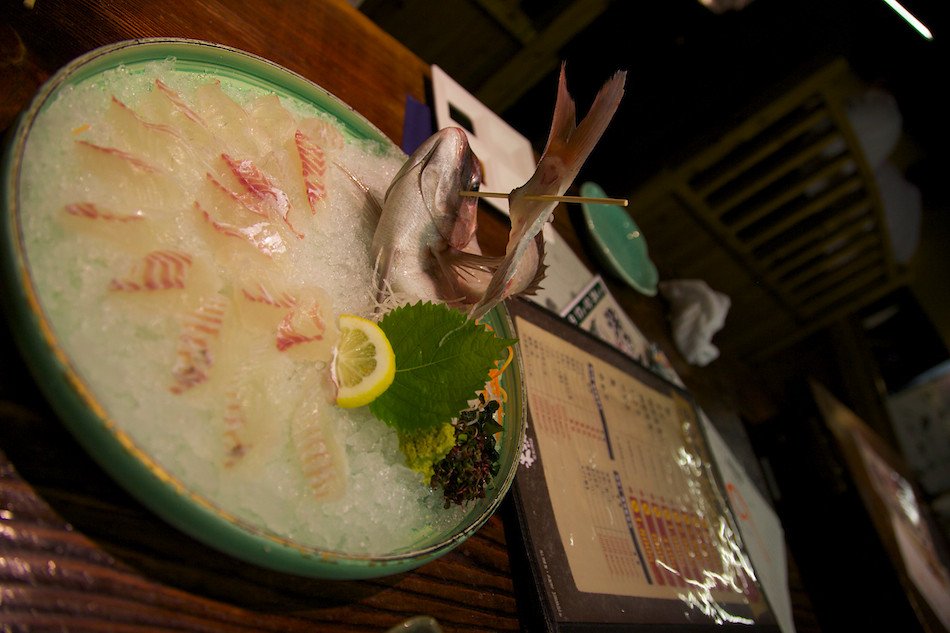 釣った鯛の姿造り。氷の上に刺身が盛り付けられている